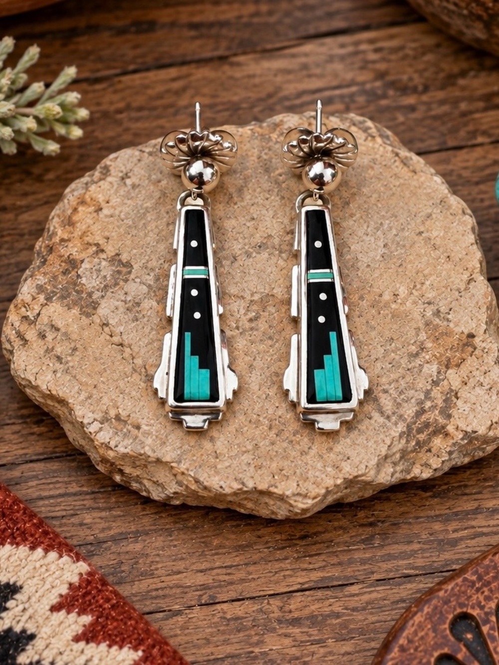 Calvin Begay Navajo Sterling Silver Turquoise lMosaic Inlay Night Sky Earrings
